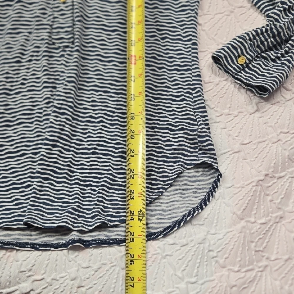 Tory Burch Navy and White Wavy Striped Long Sleeve Top